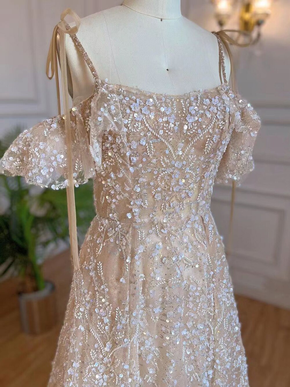 Arabisch A-Linie Nude Sexy Spaghetti-Trägern Lace Up Perlen Dubai Abendkleider Kleider 2025 Für Frauen Party LA71871