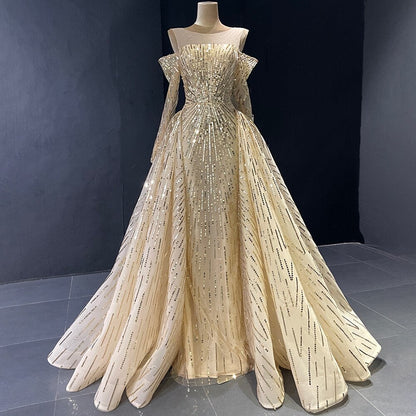 Vestido de noche elegante con escote sirena dorado y brillantes, con personalización avanzada, mangas largas y falda no extraíble LA71695 