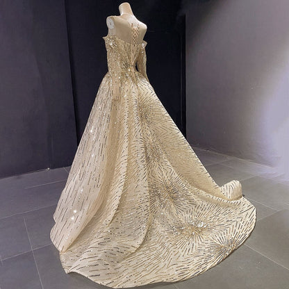 Vestido de noche elegante con escote sirena dorado y brillantes, con personalización avanzada, mangas largas y falda no extraíble LA71695 