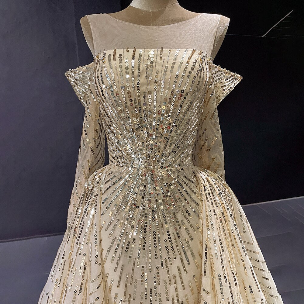 Vestido de noche elegante con escote sirena dorado y brillantes, con personalización avanzada, mangas largas y falda no extraíble LA71695 