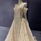 Vestido de noche elegante con escote sirena dorado y brillantes, con personalización avanzada, mangas largas y falda no extraíble LA71695 
