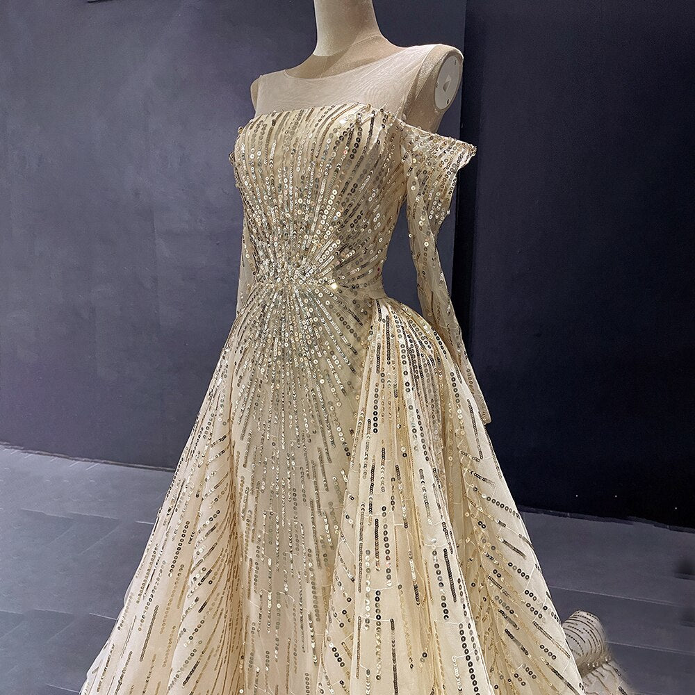 Vestido de noche elegante con escote sirena dorado y brillantes, con personalización avanzada, mangas largas y falda no extraíble LA71695 