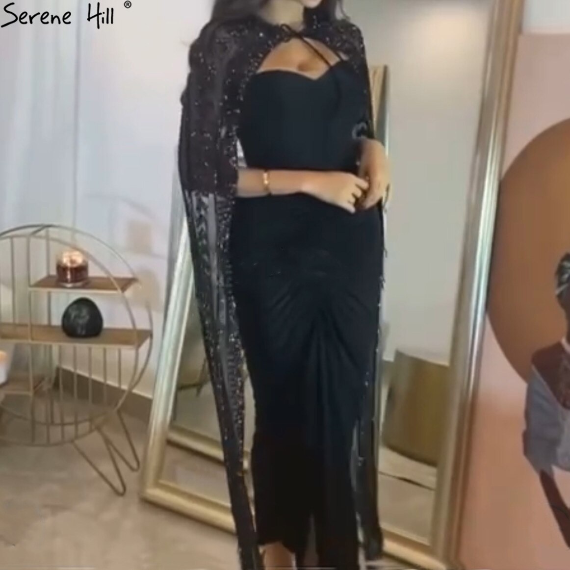 Vestidos de noche Arabia negros con mangas estilo capa, 2025, con cuentas y largo hasta los tobillos, para mujer, fiesta, LA71246 