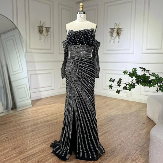 Arabia Schwarzes elegantes trägerloses Meerjungfrau-Abendkleid mit Perlenbesatz für Frauen, Hochzeitsfeier 2025 LA72514 