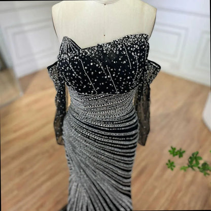 Arabia Schwarzes elegantes trägerloses Meerjungfrau-Abendkleid mit Perlenbesatz für Frauen, Hochzeitsfeier 2025 LA72514 
