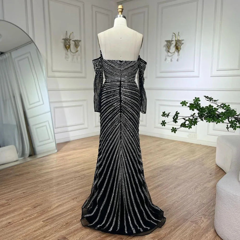 Arabia Schwarzes elegantes trägerloses Meerjungfrau-Abendkleid mit Perlenbesatz für Frauen, Hochzeitsfeier 2025 LA72514 