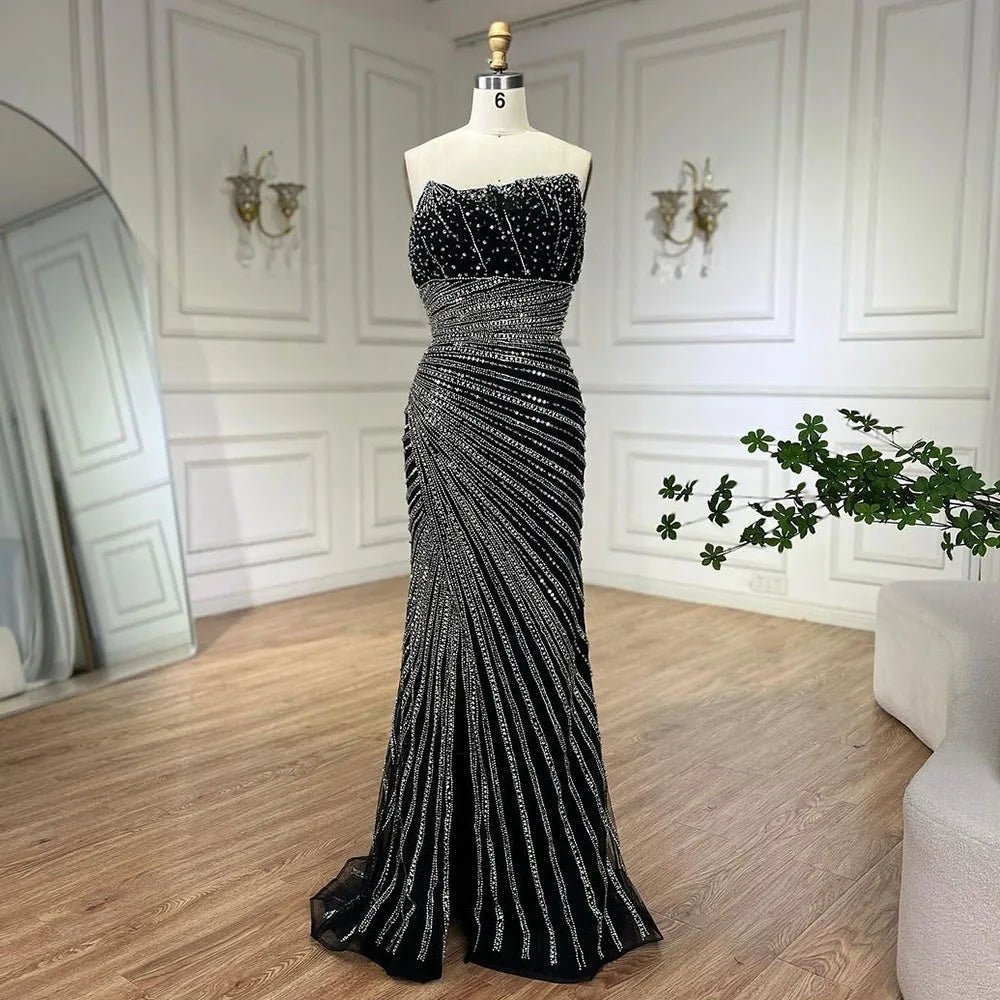 Arabia Schwarzes elegantes trägerloses Meerjungfrau-Abendkleid mit Perlenbesatz für Frauen, Hochzeitsfeier 2025 LA72514 