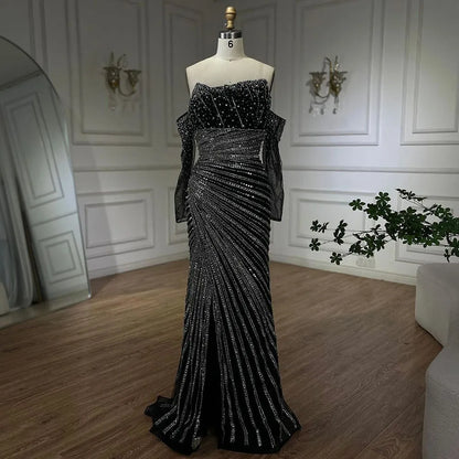 Arabia Schwarzes elegantes trägerloses Meerjungfrau-Abendkleid mit Perlenbesatz für Frauen, Hochzeitsfeier 2025 LA72514 