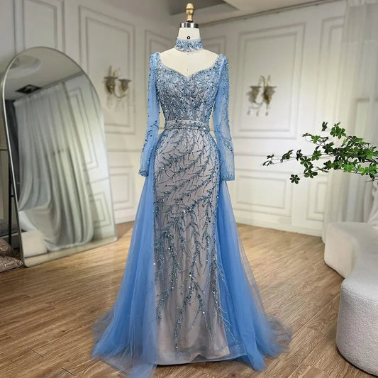 Arabien Blau Meerjungfrau Elegant Mit Überrock Luxus Dubai Abendkleider Kleider Für Frauen Hochzeit Party 2025 LA71653E 