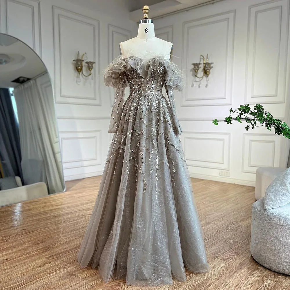Arabia Caramel A-Line Elegante Perlen Feder Sparkle Abendkleider Kleider Für Frau Hochzeit Party 2025 LA71328A 