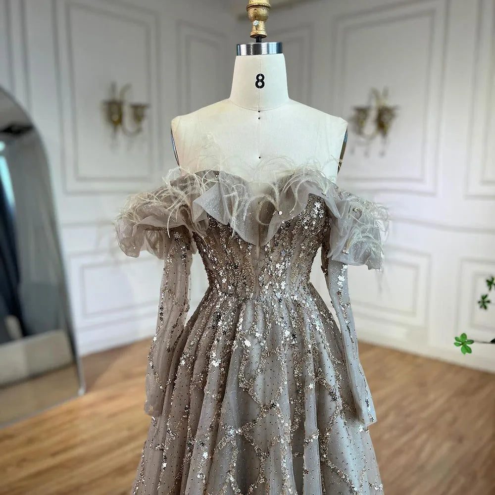 Arabia Caramel A-Line Elegante Perlen Feder Sparkle Abendkleider Kleider Für Frau Hochzeit Party 2025 LA71328A 