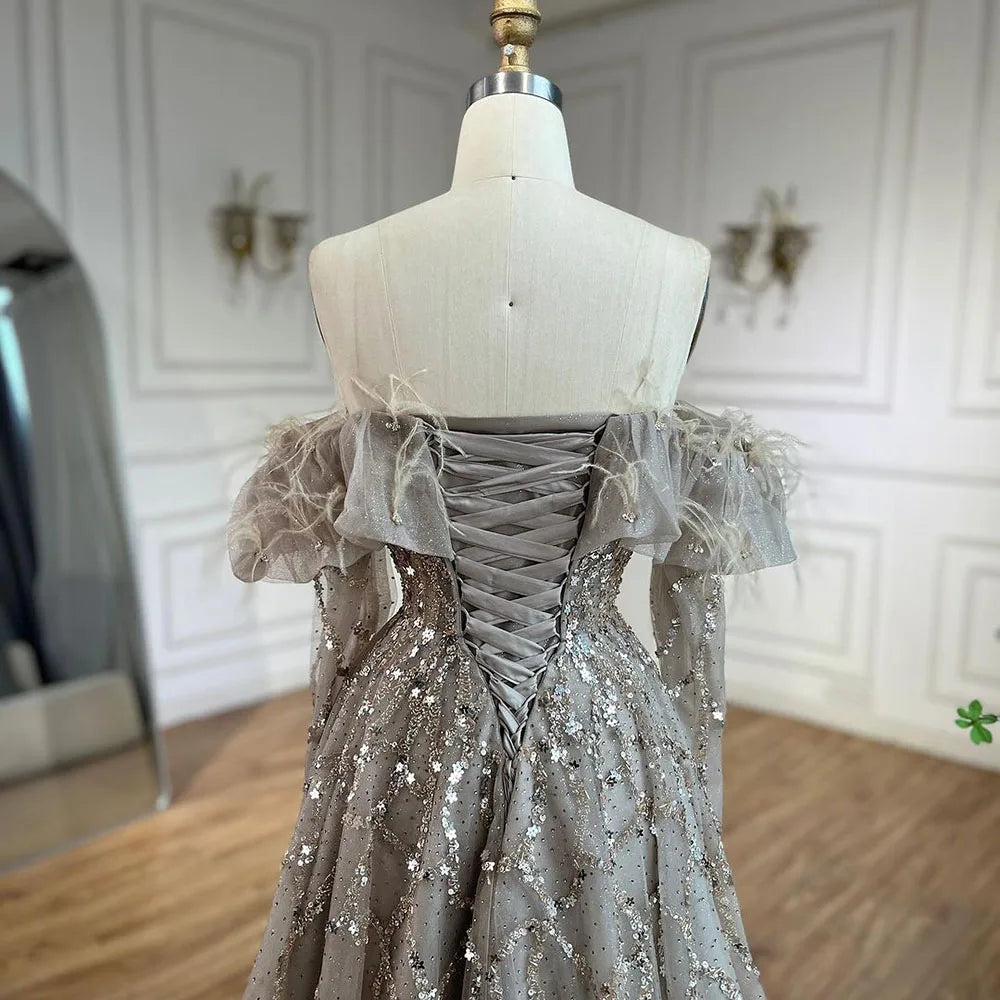 Arabia Caramel A-Line Elegante Perlen Feder Sparkle Abendkleider Kleider Für Frau Hochzeit Party 2025 LA71328A 