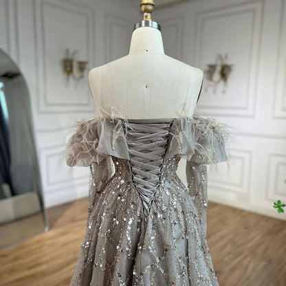 Arabia Caramel A-Line Elegante Perlen Feder Sparkle Abendkleider Kleider Für Frau Hochzeit Party 2025 LA71328A 
