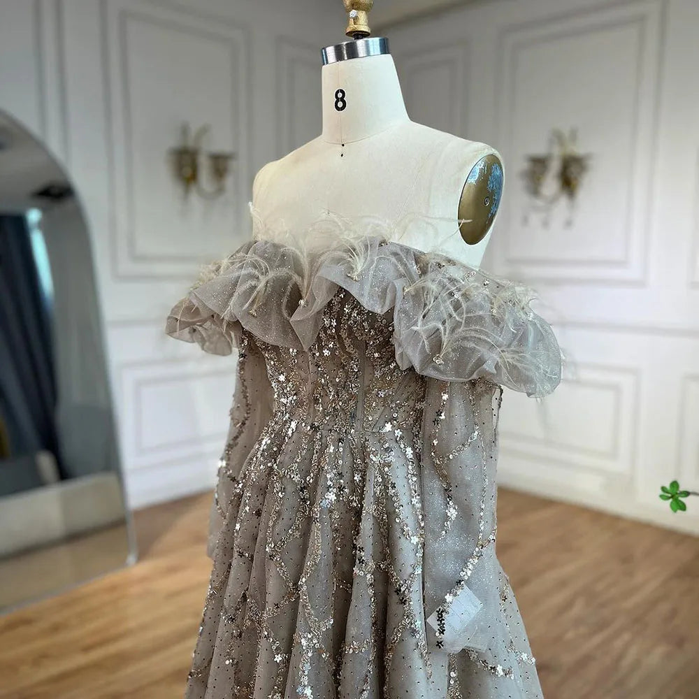Arabia Caramel A-Line Elegante Perlen Feder Sparkle Abendkleider Kleider Für Frau Hochzeit Party 2025 LA71328A 