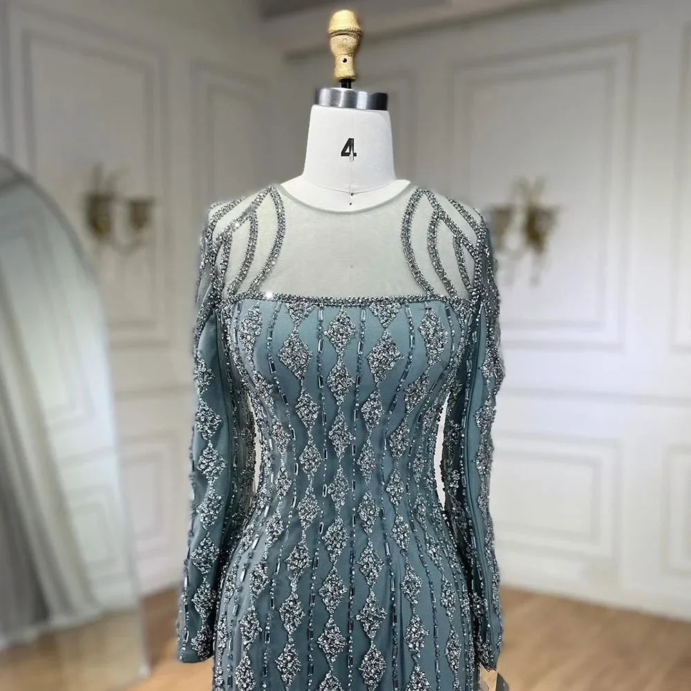 Lujosos vestidos de noche verde salvia estilo Dubái, corte sirena, musulmanes, mangas largas, LA72292