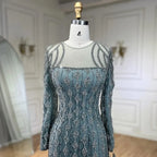 Lujosos vestidos de noche verde salvia estilo Dubái, corte sirena, musulmanes, mangas largas, LA72292