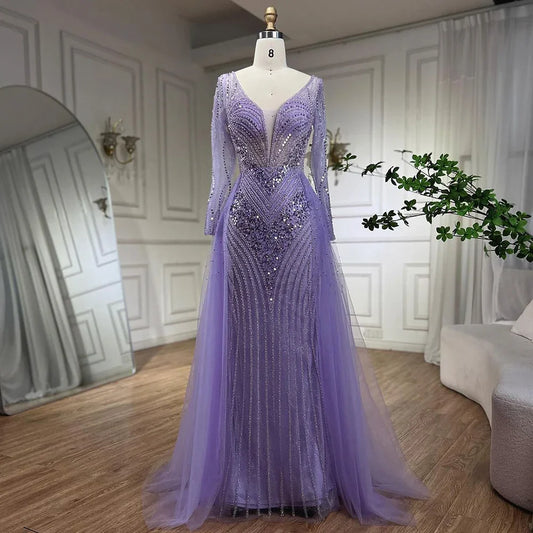 Arabien Lila Elegant Mit Überrock Luxus Perlen Meerjungfrau Abendkleider Kleider Für Frauen Hochzeit Party 2025 LA72297 