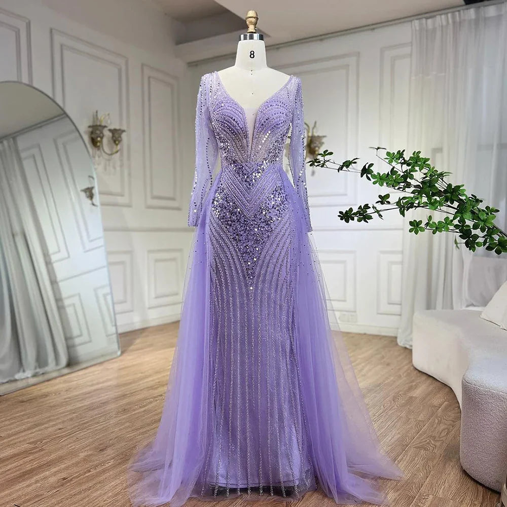 Arabien Lila Elegant Mit Überrock Luxus Perlen Meerjungfrau Abendkleider Kleider Für Frauen Hochzeit Party 2025 LA72297 