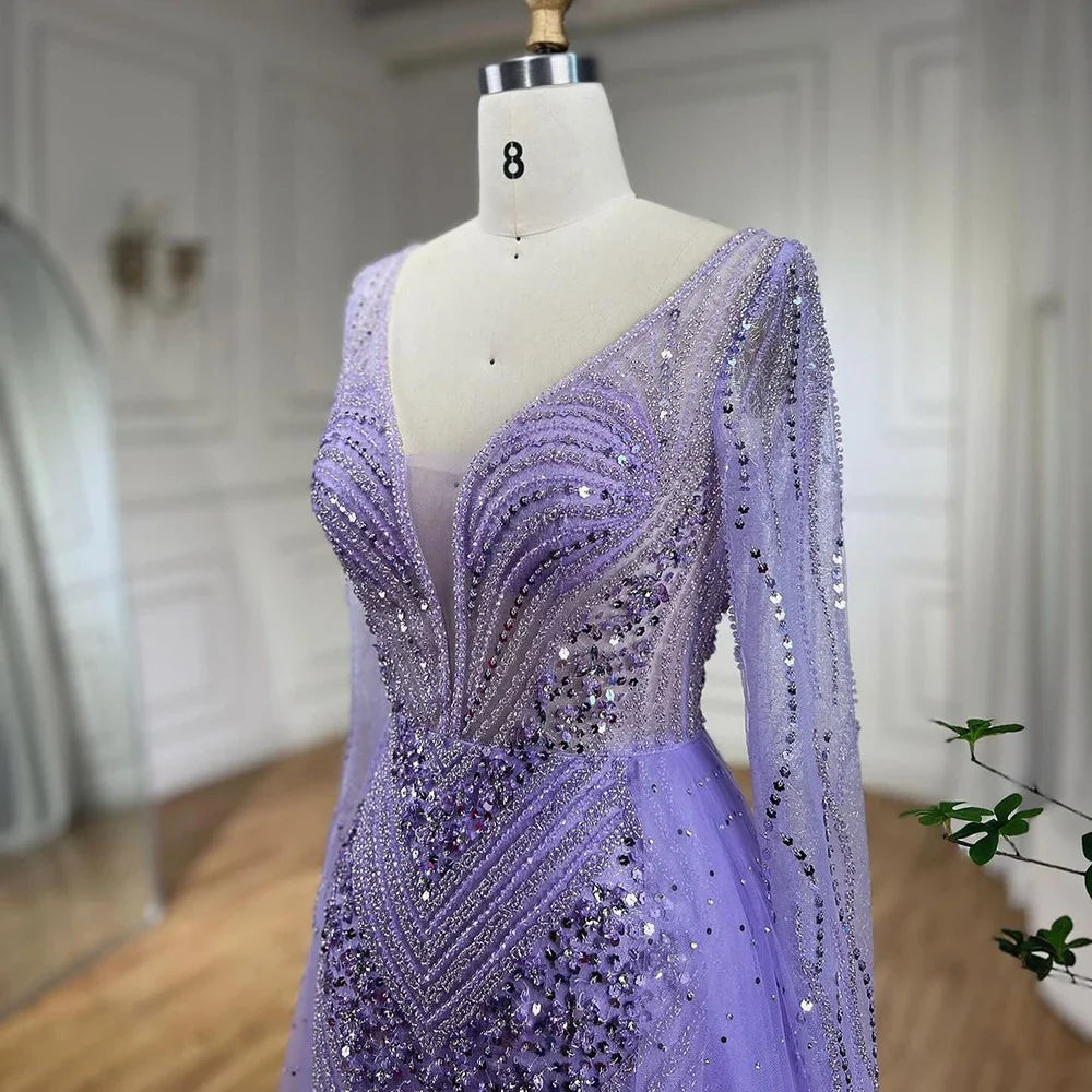 Arabien Lila Elegant Mit Überrock Luxus Perlen Meerjungfrau Abendkleider Kleider Für Frauen Hochzeit Party 2025 LA72297 