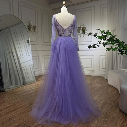 Arabien Lila Elegant Mit Überrock Luxus Perlen Meerjungfrau Abendkleider Kleider Für Frauen Hochzeit Party 2025 LA72297 
