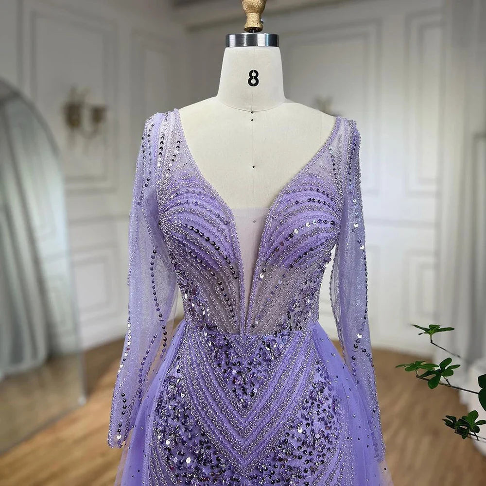 Arabien Lila Elegant Mit Überrock Luxus Perlen Meerjungfrau Abendkleider Kleider Für Frauen Hochzeit Party 2025 LA72297 