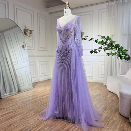 Arabien Lila Elegant Mit Überrock Luxus Perlen Meerjungfrau Abendkleider Kleider Für Frauen Hochzeit Party 2025 LA72297 