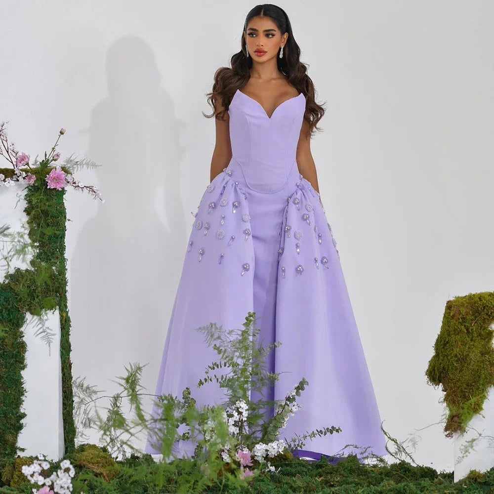 Arabien Lila Satin A-Linie Sexy Trägerloses Perlen Luxus Abendkleider Kleider Für Frauen Hochzeit Party 2025 LA72229 