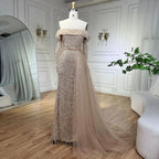 Schulterfreies hellblaues Meerjungfrau-Abendkleid mit abnehmbarem Überrock Dubai LA72254