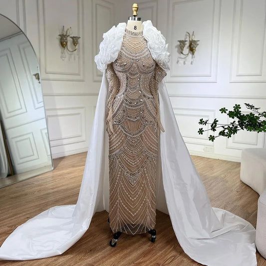 Arabien Nude Perlen Perlen Meerjungfrau Langen Mantel Luxus Dubai Abendkleider Kleider Für Frauen Hochzeit Party LA72091C 
