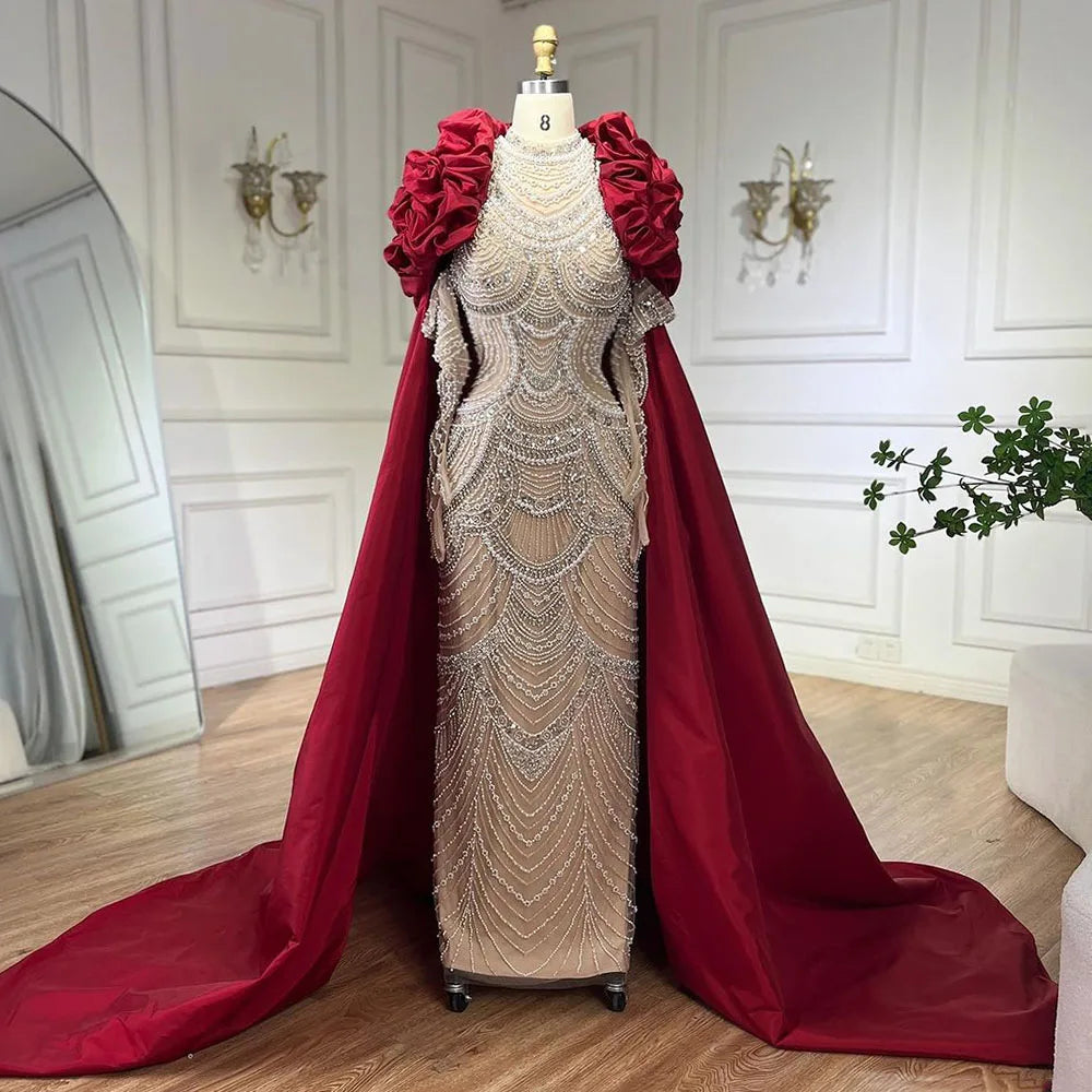 Arabia Nude Pearls Beaded Mermaid Long Cloak Luxury Dubai Evening Dresses Gowns For Women Wedding Party LA72091C