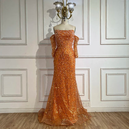 Arabien Orange Meerjungfrau Trägerloses Luxus Perlen Kristall Abendkleider Kleider für Frauen Hochzeit Party 2025 LA72402 