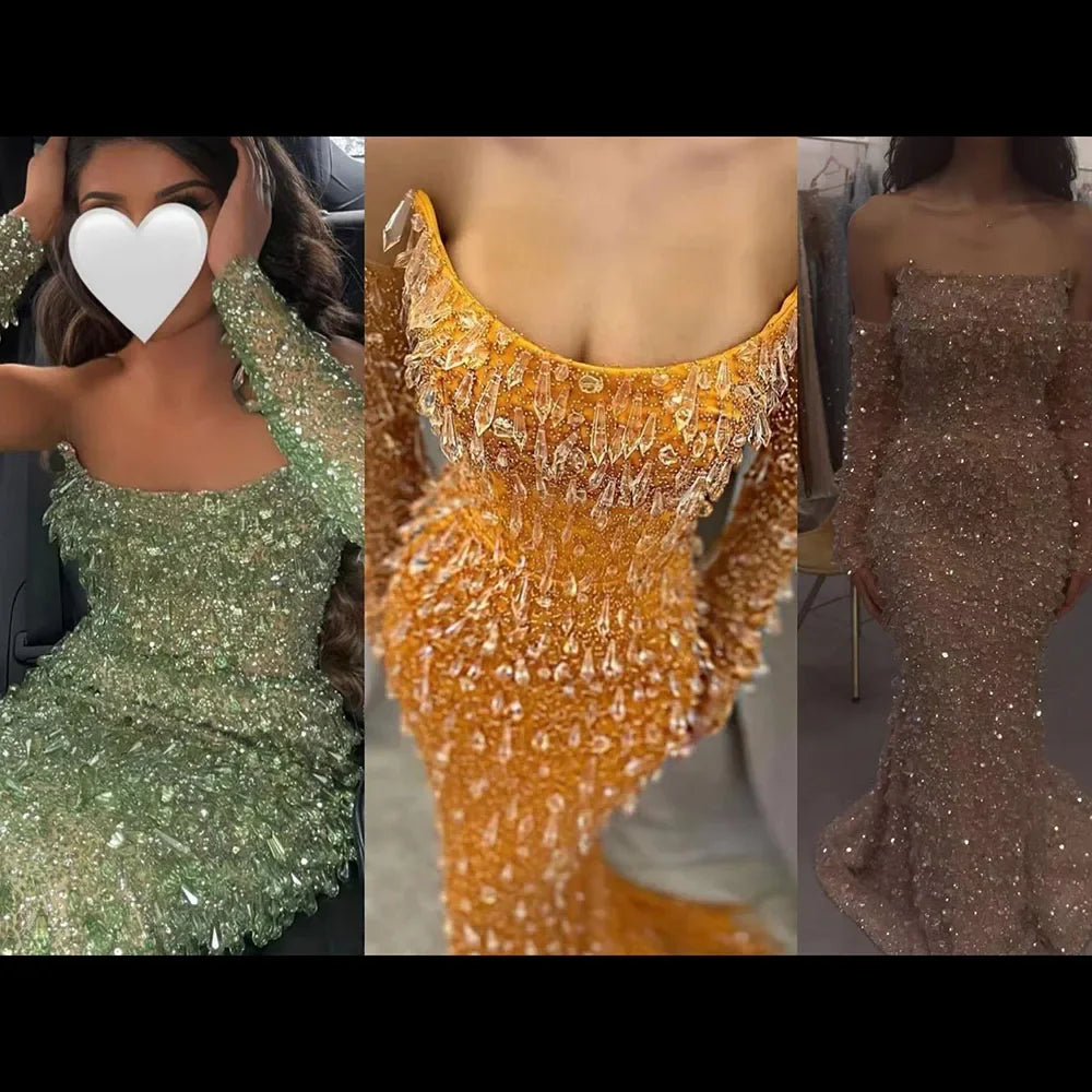 Arabia Orange Mermaid Strapless Luxury Beaded Crystal Evening Dresses Gowns for Women Wedding Party 2025 LA72402