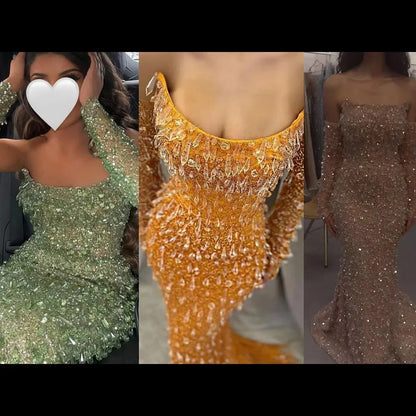 Arabien Orange Meerjungfrau Trägerloses Luxus Perlen Kristall Abendkleider Kleider für Frauen Hochzeit Party 2025 LA72402 