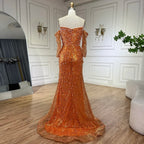 Arabien Orange Meerjungfrau Trägerloses Luxus Perlen Kristall Abendkleider Kleider für Frauen Hochzeit Party 2025 LA72402 