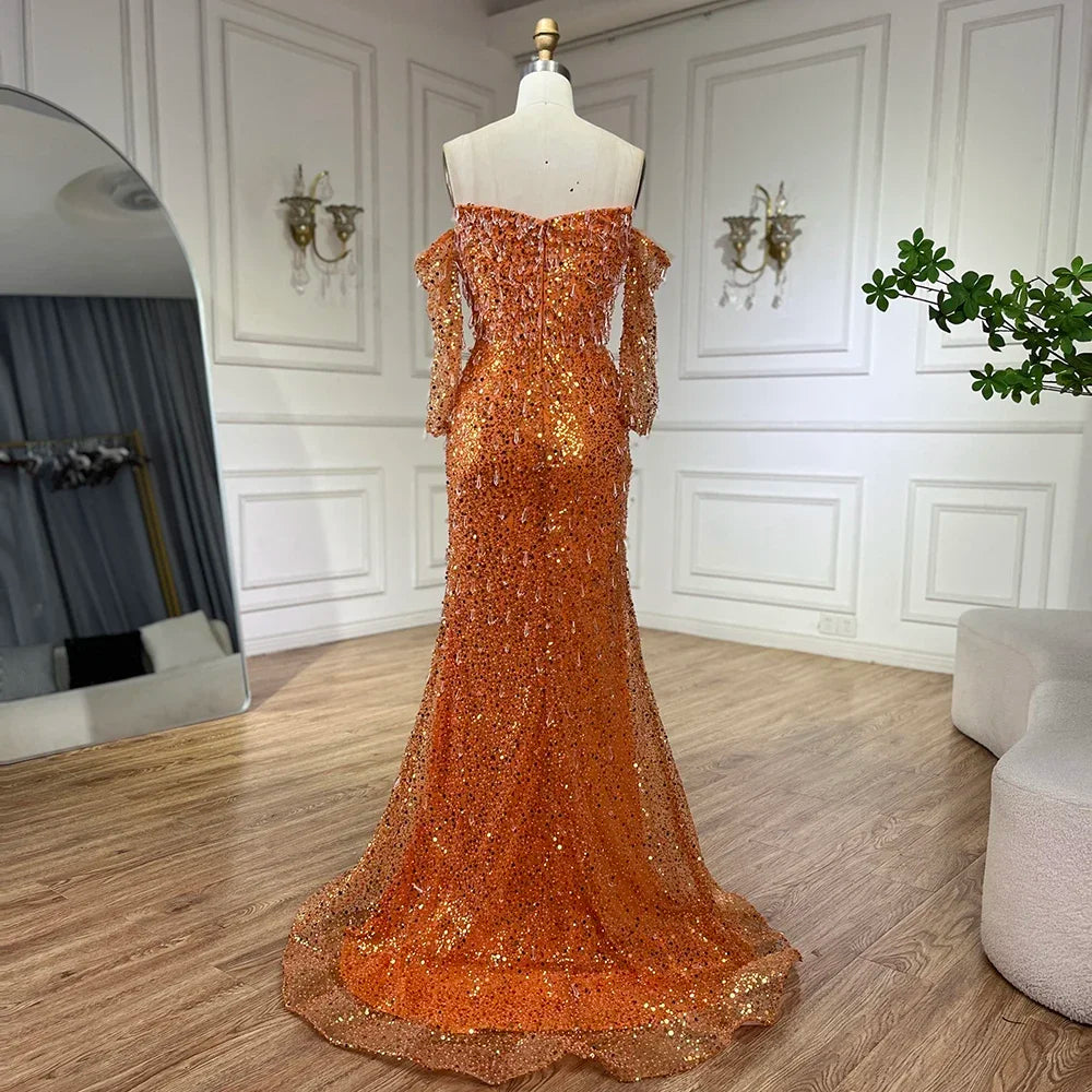 Arabien Orange Meerjungfrau Trägerloses Luxus Perlen Kristall Abendkleider Kleider für Frauen Hochzeit Party 2025 LA72402 