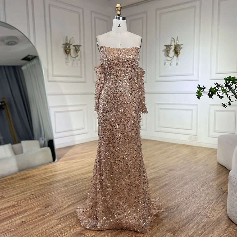Arabien Orange Meerjungfrau Trägerloses Luxus Perlen Kristall Abendkleider Kleider für Frauen Hochzeit Party 2025 LA72402 