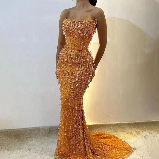 Arabien Orange Meerjungfrau Trägerloses Luxus Perlen Kristall Abendkleider Kleider für Frauen Hochzeit Party 2025 LA72402 