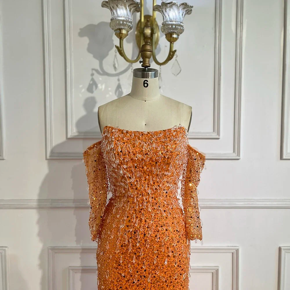 Arabien Orange Meerjungfrau Trägerloses Luxus Perlen Kristall Abendkleider Kleider für Frauen Hochzeit Party 2025 LA72402 