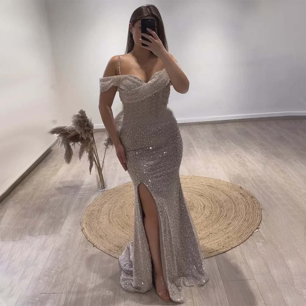 Arabien Weiß Nude Meerjungfrau Boot-Ausschnitt Luxus Abendkleider Kleider High Split für Frauen Hochzeit Party 2025 LA72301 