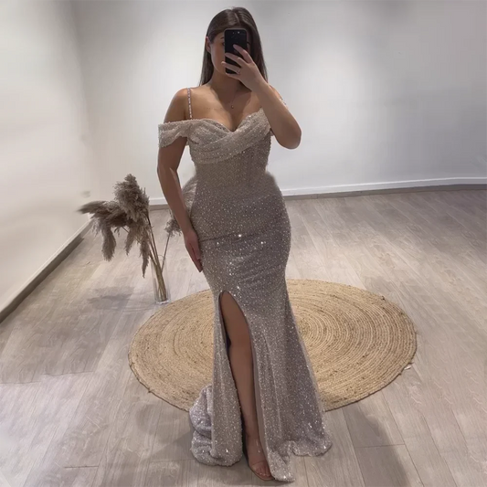 Arabien Weiß Nude Meerjungfrau Boot-Ausschnitt Luxus Abendkleider Kleider High Split für Frauen Hochzeit Party 2025 LA72301 