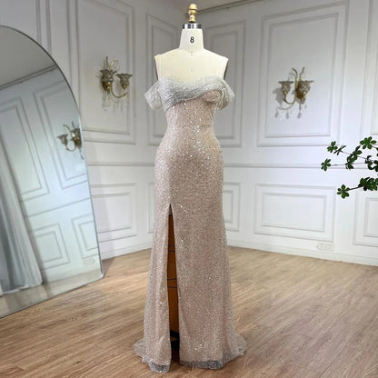 Arabien Weiß Nude Meerjungfrau Boot-Ausschnitt Luxus Abendkleider Kleider High Split für Frauen Hochzeit Party 2025 LA72301 
