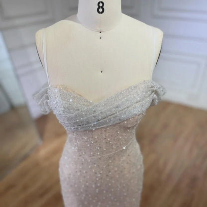 Arabien Weiß Nude Meerjungfrau Boot-Ausschnitt Luxus Abendkleider Kleider High Split für Frauen Hochzeit Party 2025 LA72301 