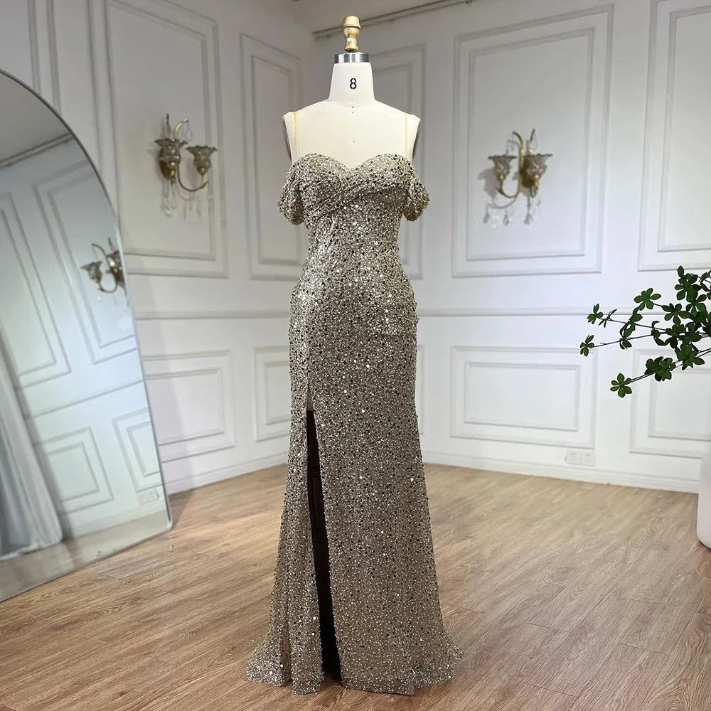 Arabien Weiß Nude Meerjungfrau Boot-Ausschnitt Luxus Abendkleider Kleider High Split für Frauen Hochzeit Party 2025 LA72301 