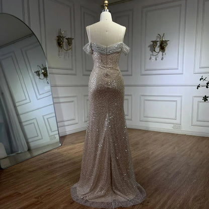Arabien Weiß Nude Meerjungfrau Boot-Ausschnitt Luxus Abendkleider Kleider High Split für Frauen Hochzeit Party 2025 LA72301 