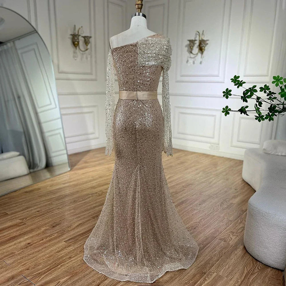 Arabien Karamell Meerjungfrau Eine Schulter Luxus Perlen Abendkleider Kleider 2025 Für Frauen Hochzeit Party LA72285 