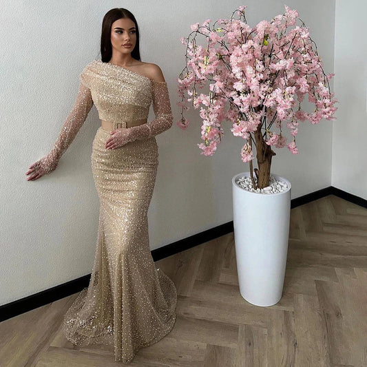 Arabien Karamell Meerjungfrau Eine Schulter Luxus Perlen Abendkleider Kleider 2025 Für Frauen Hochzeit Party LA72285 
