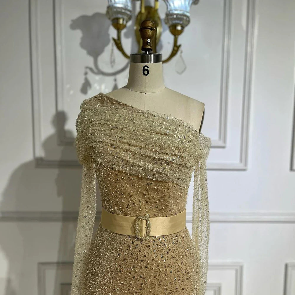 Arabia caramel Mermaid One Shoulder Luxury Beaded Evening Dresses Gowns 2025 For Women Wedding Party LA72285