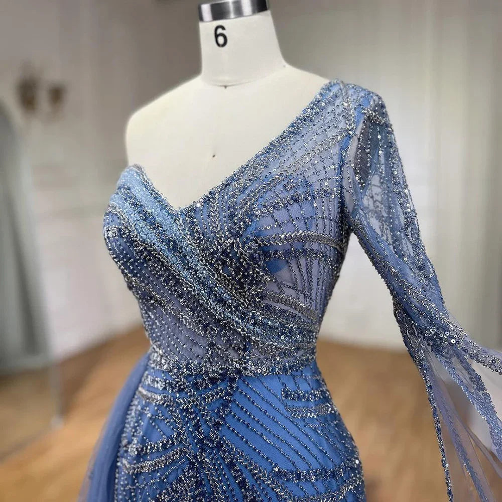 Arabisch Blau Elegantes Meerjungfrau Abendkleid mit Perlenrock - Luxuriöses Damen Hochzeits-Partykleid 2025 LA72174 