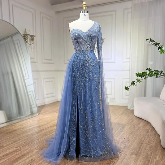 Arabisch Blau Elegantes Meerjungfrau Abendkleid mit Perlenrock - Luxuriöses Damen Hochzeits-Partykleid 2025 LA72174 