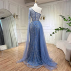 Arabisch Blau Elegantes Meerjungfrau Abendkleid mit Perlenrock - Luxuriöses Damen Hochzeits-Partykleid 2025 LA72174 